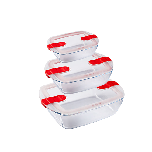 lot de trois plats de tailles différentes en verre avec couvercles à valves vapeur.