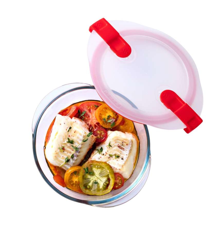 Contenitore per microonde rotondo in vetro con coperchio con valvola a vapore - Cook & Heat