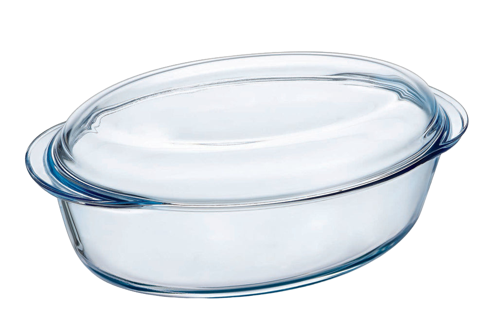 Large oval glass casserole dish