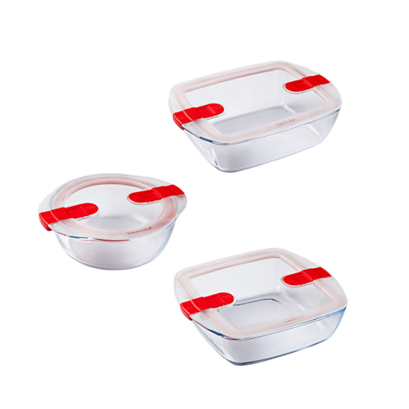 Set di 3 contenitori per microonde in vetro con coperchio con valvola a vapore - Cook & Heat - ® Webshop EU Set di 3 contenitori per microonde in vetro con coperchio con valvola a vapore - Cook & Heat - ® Webshop EU