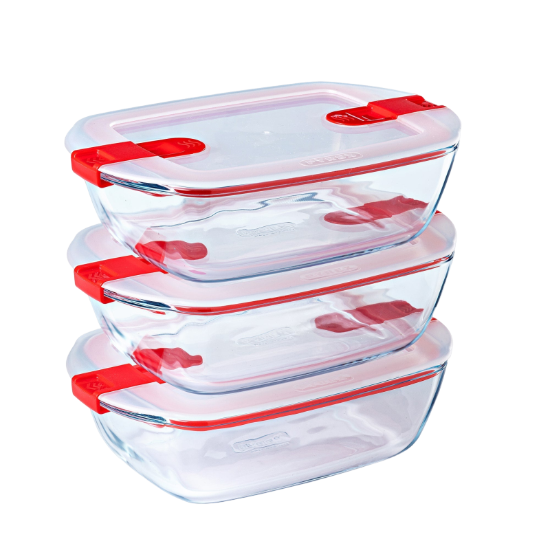 3er-Set Lunchbox aus Glas mit Dampfventildeckel - Multi-Form -Cook & Heat