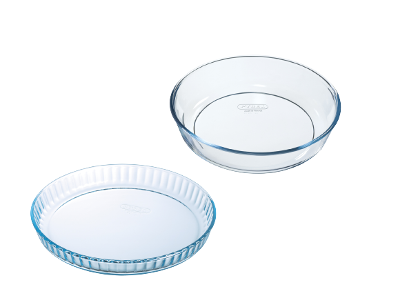 Set of 2 bakeware - 26cm round cake dish + 28cm Glass Tart tin - Bake & Enjoy