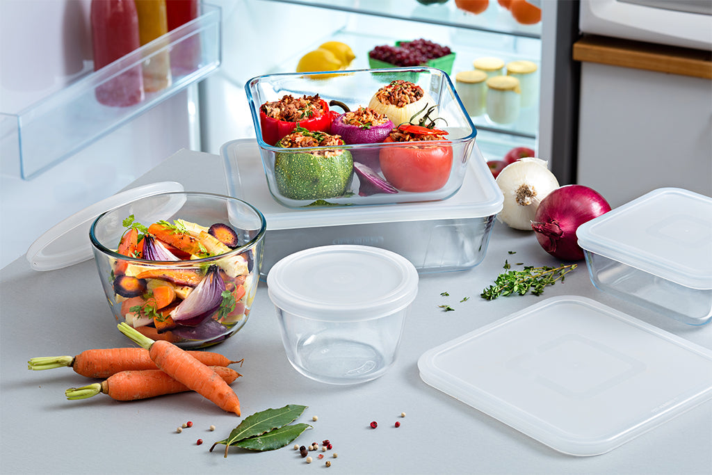 Pyrex Colori Set Di 2 Ciotole In Vetro Con Coperchio: 1,3 QT E 2,3 QT, Salvaspazio, Per Preparare E Cuocere, Made In USA